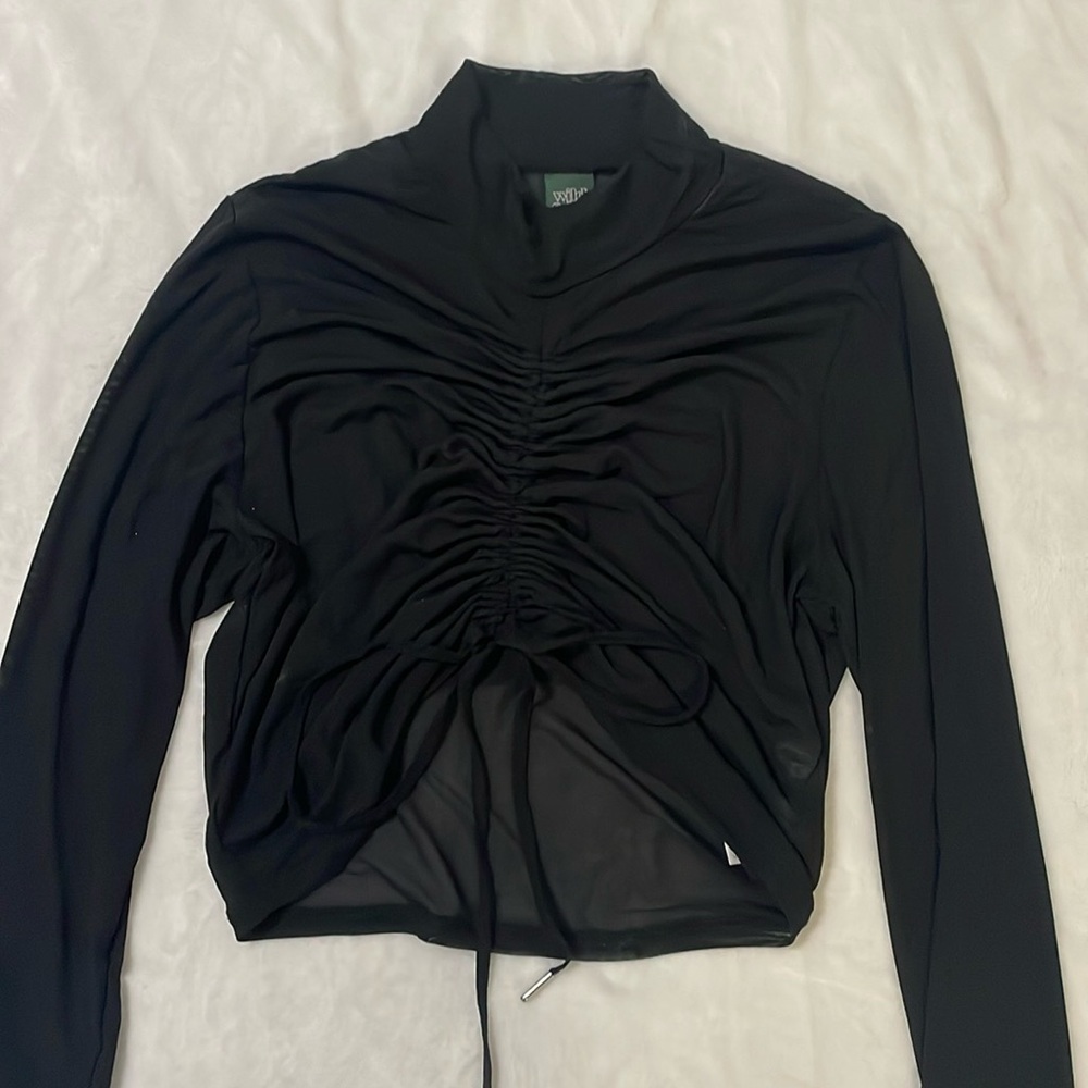 Mesh Cropped Black Long Sleeve Turtleneck Top